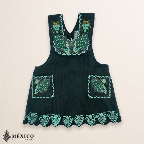 Green Mexican Embroidered Apron – Standard Kitchen Apron Floral Embroidery - Picture 4 of 9
